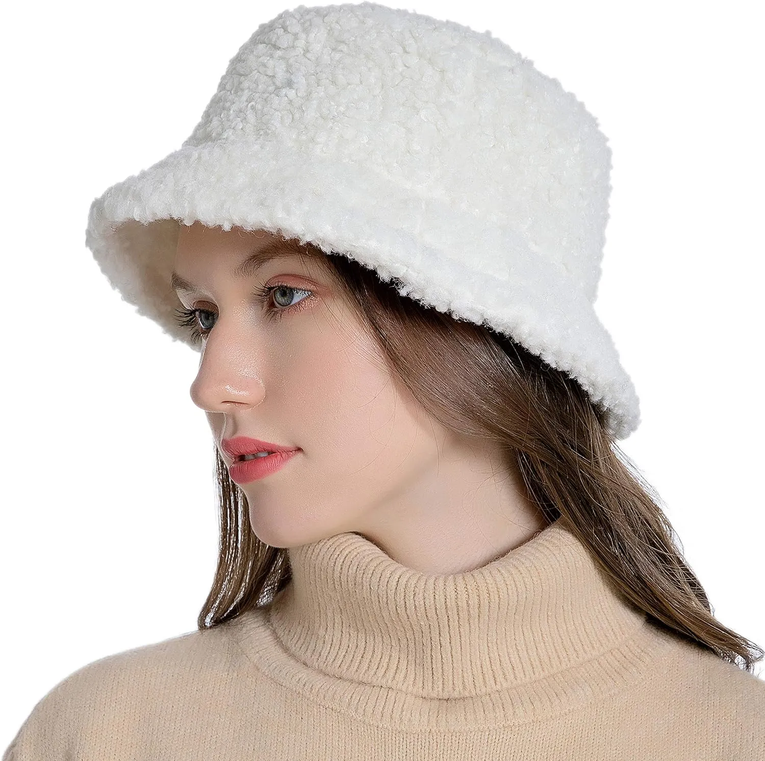 Women Winter Bucket Hat Warm Hats Cloche Faux Fur Fisherman Cap