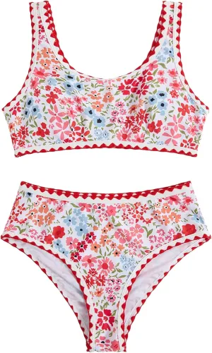 Women's 2 Piece Floral Print Bikini Set Y2K Tankini Set Boho High Waist Swimsuit Full Coverage Bathing Suit Beachwear