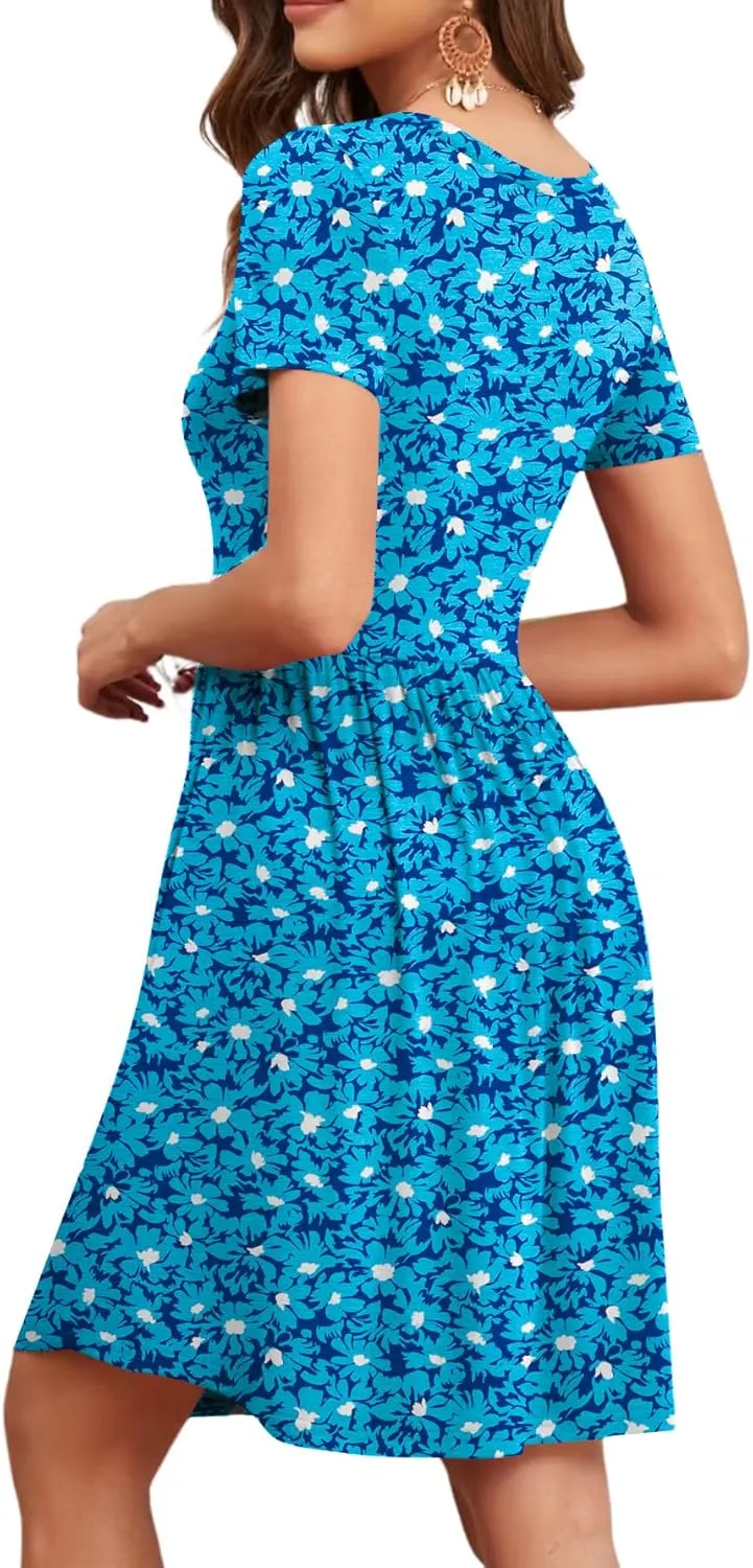 Women's 2025 Summer Short Sleeve Dresses Casual Loose Fit Swing T Shirt Dress V Neck Sundress with Pockets