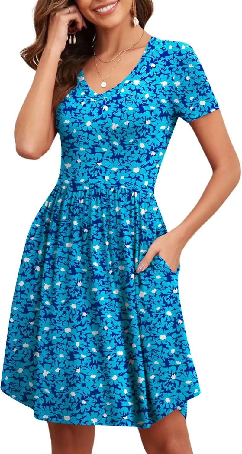 Women's 2025 Summer Short Sleeve Dresses Casual Loose Fit Swing T Shirt Dress V Neck Sundress with Pockets