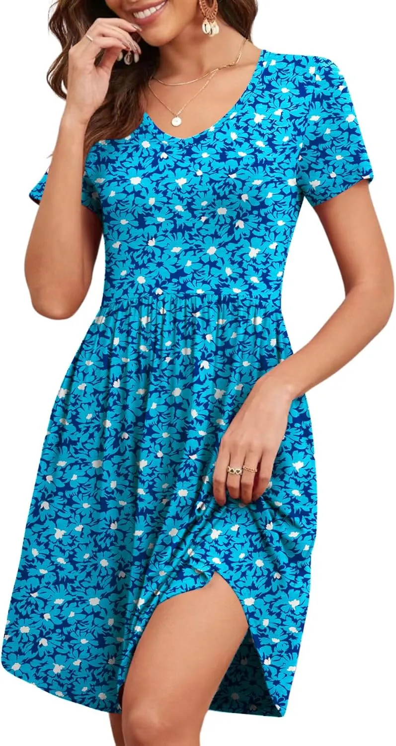 Women's 2025 Summer Short Sleeve Dresses Casual Loose Fit Swing T Shirt Dress V Neck Sundress with Pockets