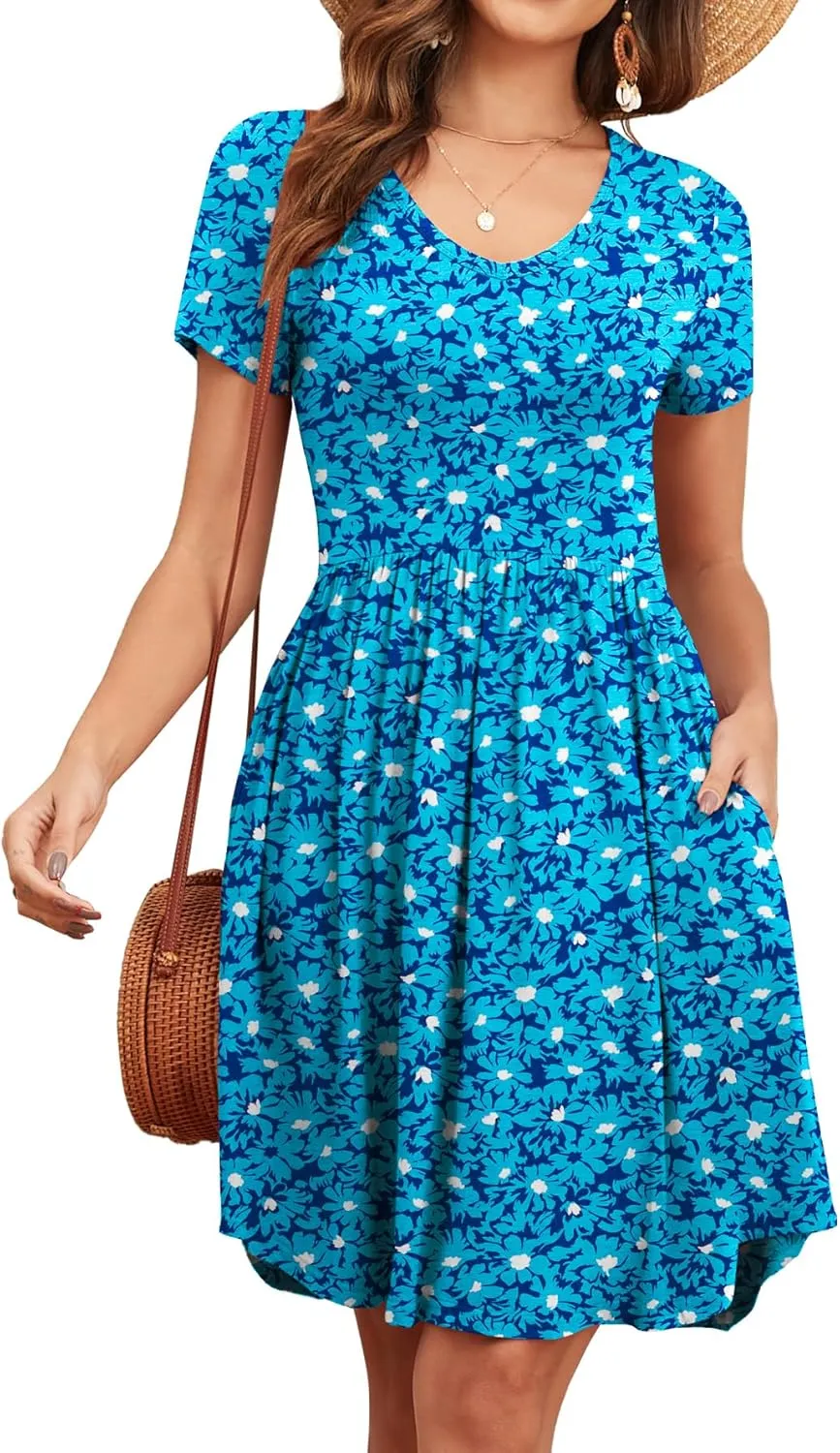 Women's 2025 Summer Short Sleeve Dresses Casual Loose Fit Swing T Shirt Dress V Neck Sundress with Pockets