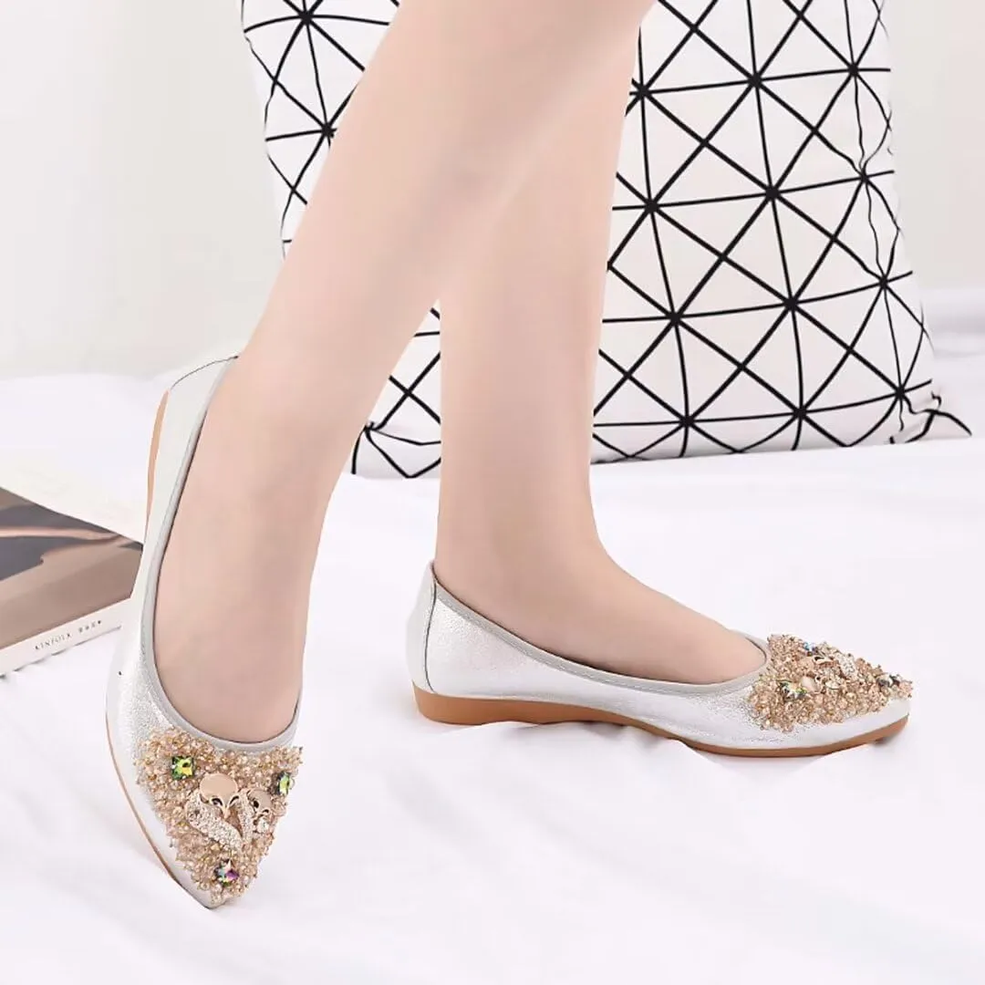 Womens Ballet Flats Foldable Rhinestone Pointed Toe Comfortable Slip on Wedding Flat Shoes Dress Flats for Women