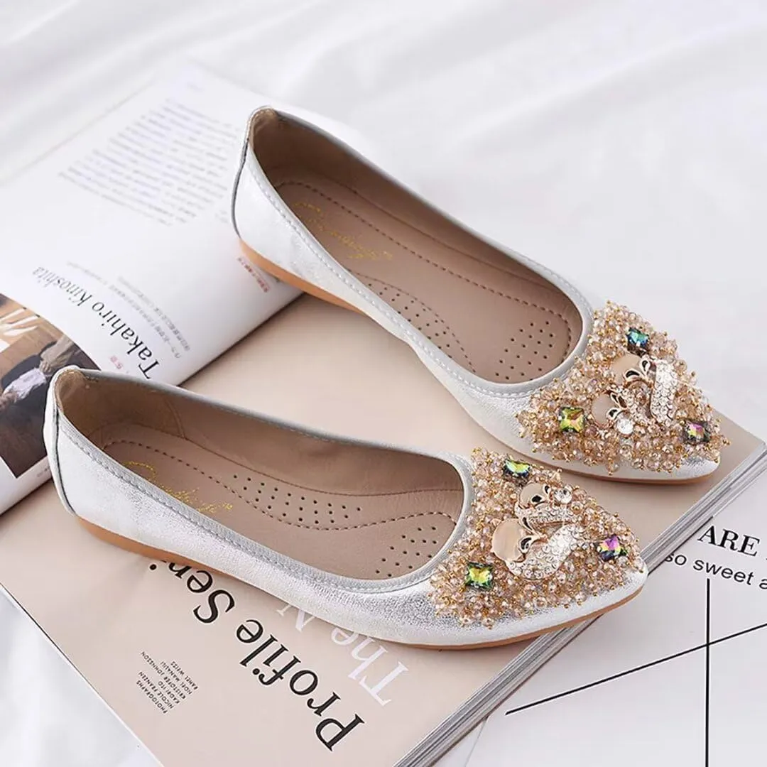 Womens Ballet Flats Foldable Rhinestone Pointed Toe Comfortable Slip on Wedding Flat Shoes Dress Flats for Women