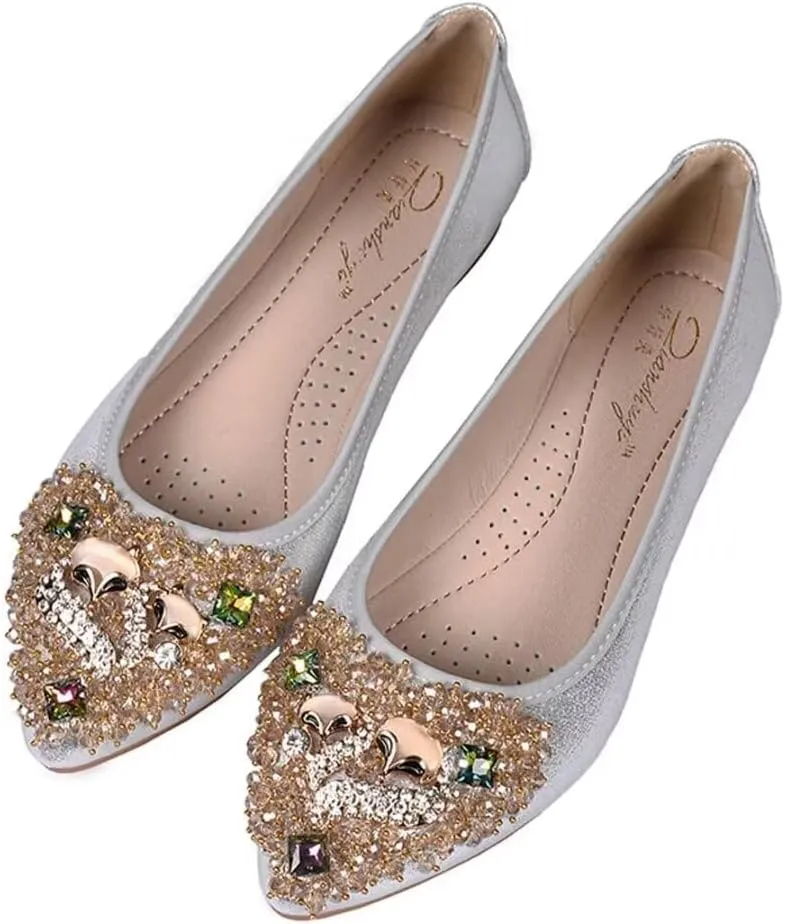 Womens Ballet Flats Foldable Rhinestone Pointed Toe Comfortable Slip on Wedding Flat Shoes Dress Flats for Women
