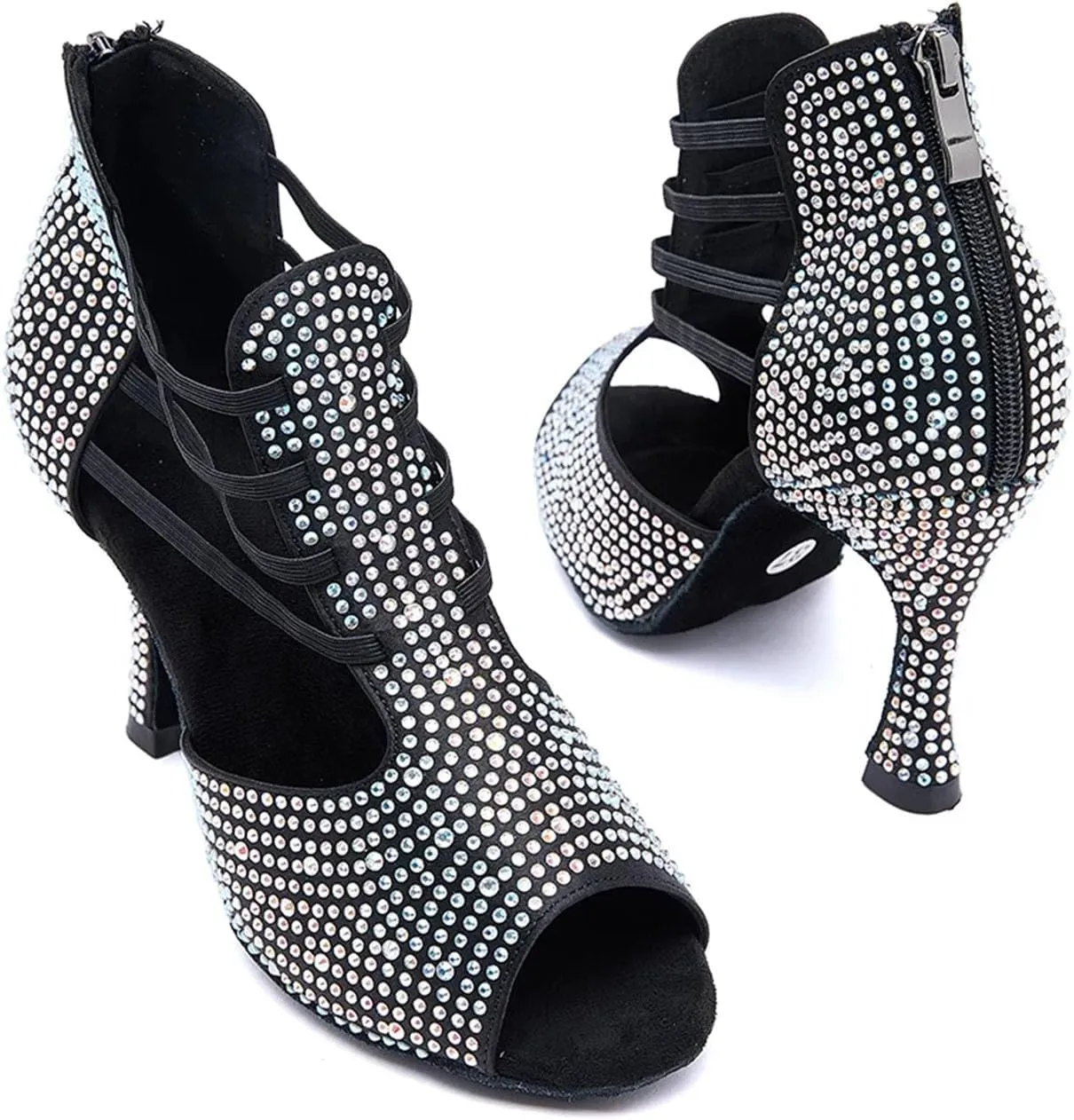 Women's Black Velvet Evening Sandals - Rhinestone-Encrusted Straps for Midnight Celebrations (6CM/2.36")