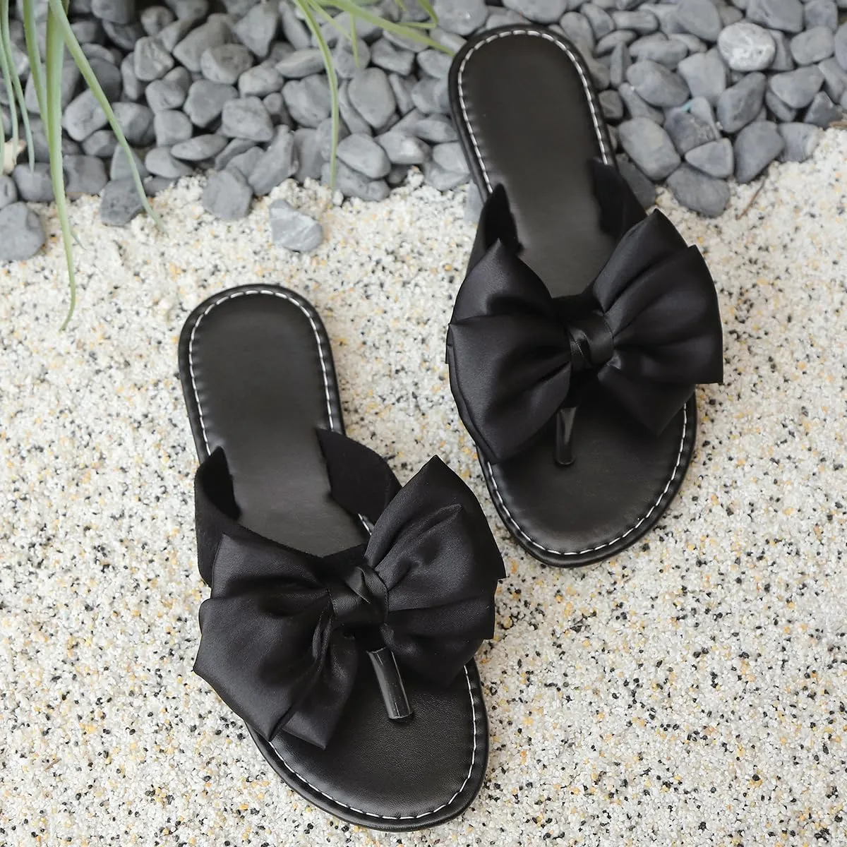 Women's Bow Thong Sandals, Black Satin Flip Flops with Large Bow Detail, Slip-On Flat Sandals