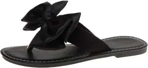 Women's Bow Thong Sandals, Black Satin Flip Flops with Large Bow Detail, Slip-On Flat Sandals