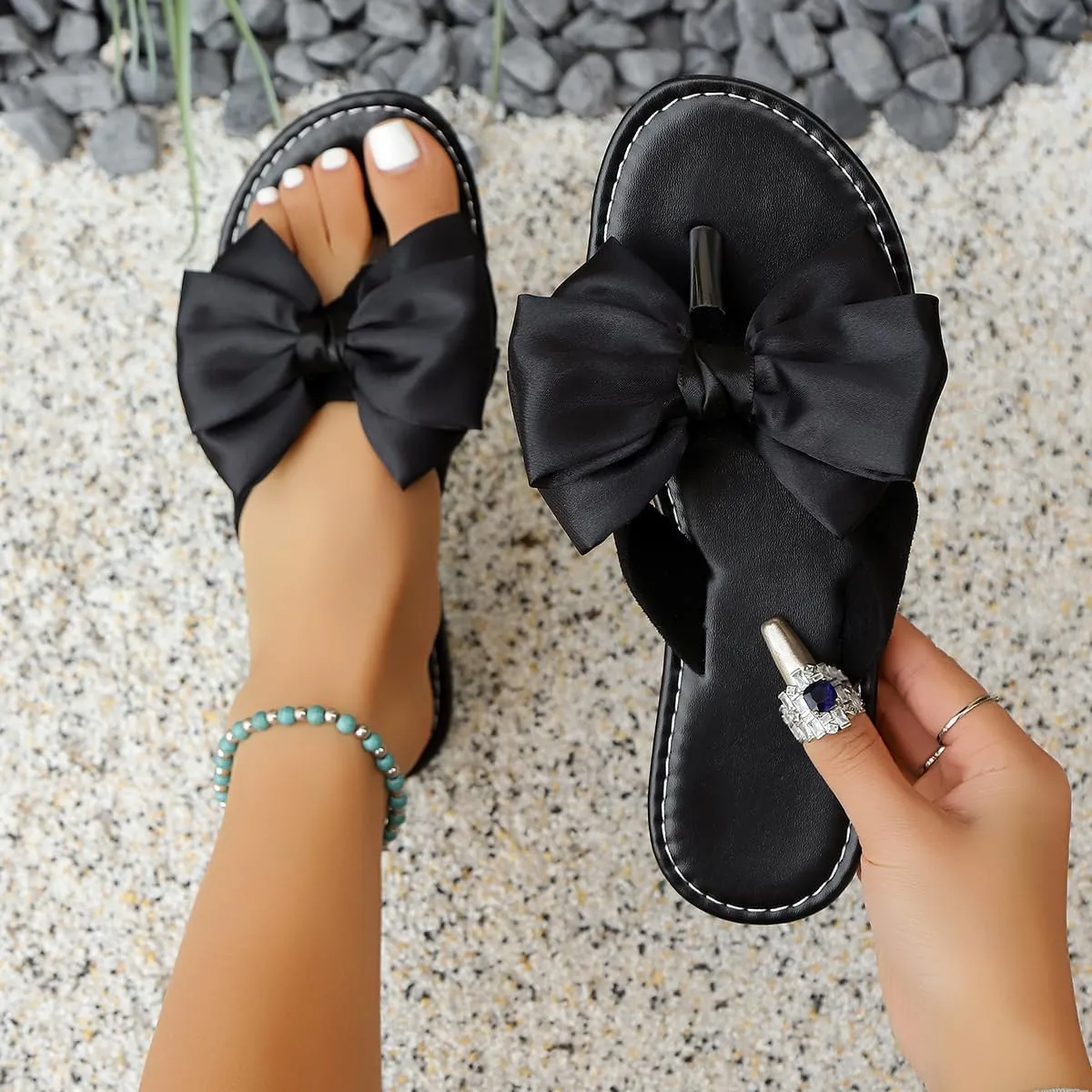 Women's Bow Thong Sandals, Black Satin Flip Flops with Large Bow Detail, Slip-On Flat Sandals