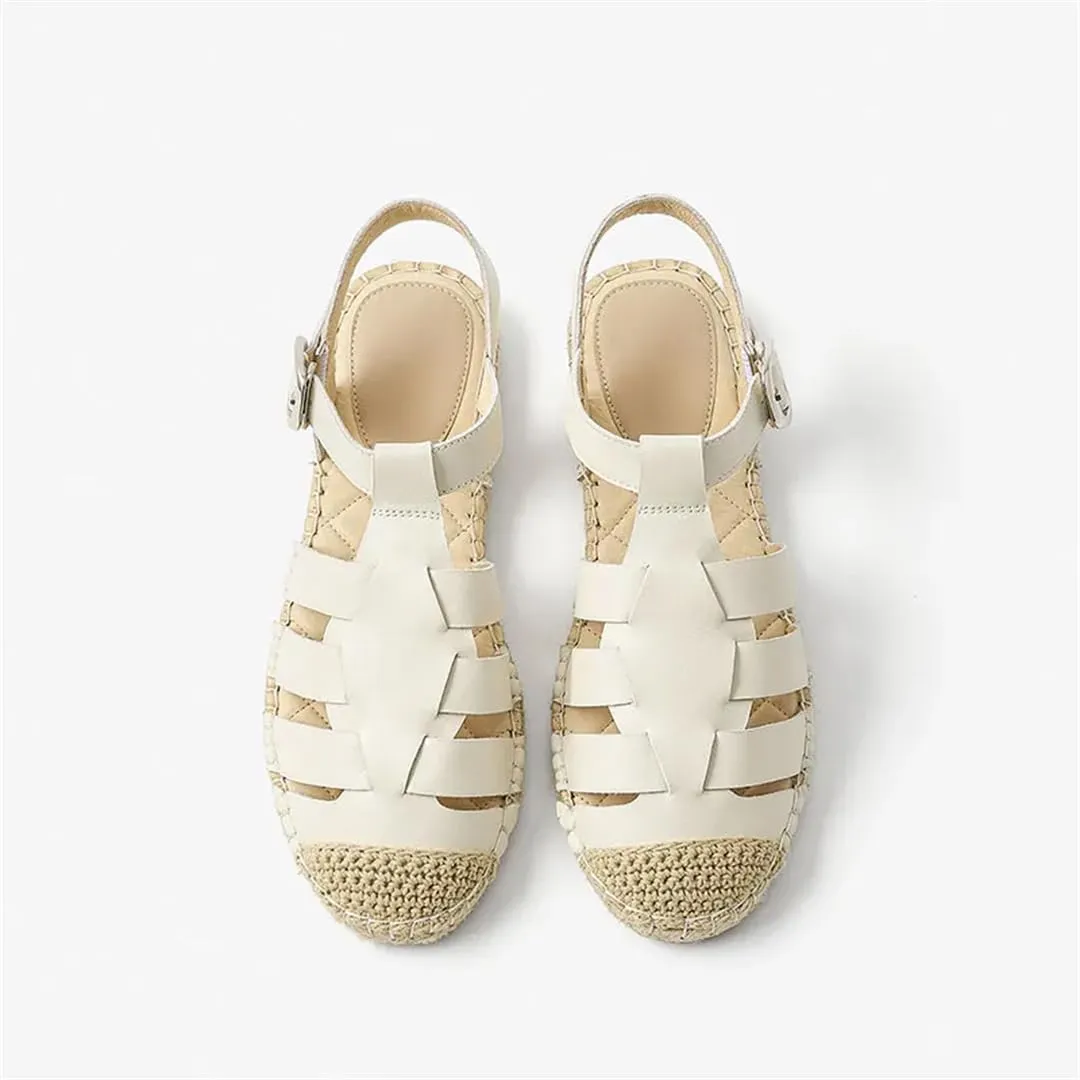 Womens Buckle Strap Front Rear Strap Flat Heel Open Side Vamp Modern Sandals Cow Leather Cover Toe Concise Beach