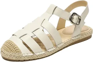 Womens Buckle Strap Front Rear Strap Flat Heel Open Side Vamp Modern Sandals Cow Leather Cover Toe Concise Beach