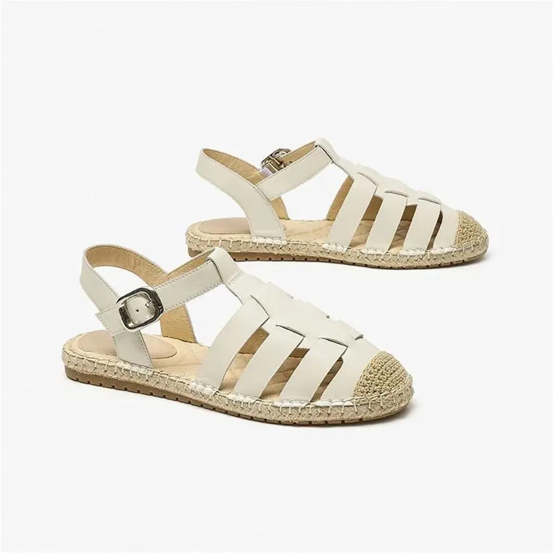 Womens Buckle Strap Front Rear Strap Flat Heel Open Side Vamp Modern Sandals Cow Leather Cover Toe Concise Beach