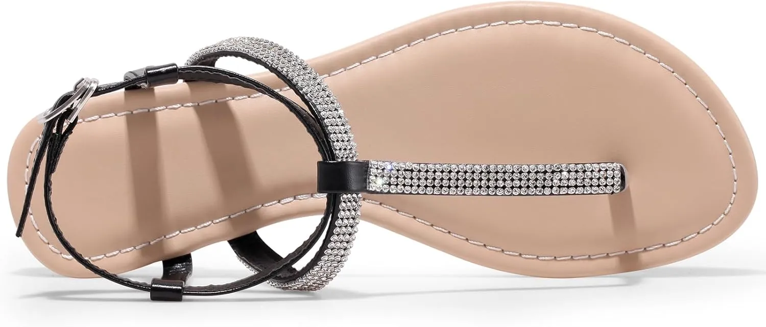 Women's Dressy Sandals Flat Glitter Comfortable Slides Rhinestone Sandals for Women Ladies Fashion Shoes