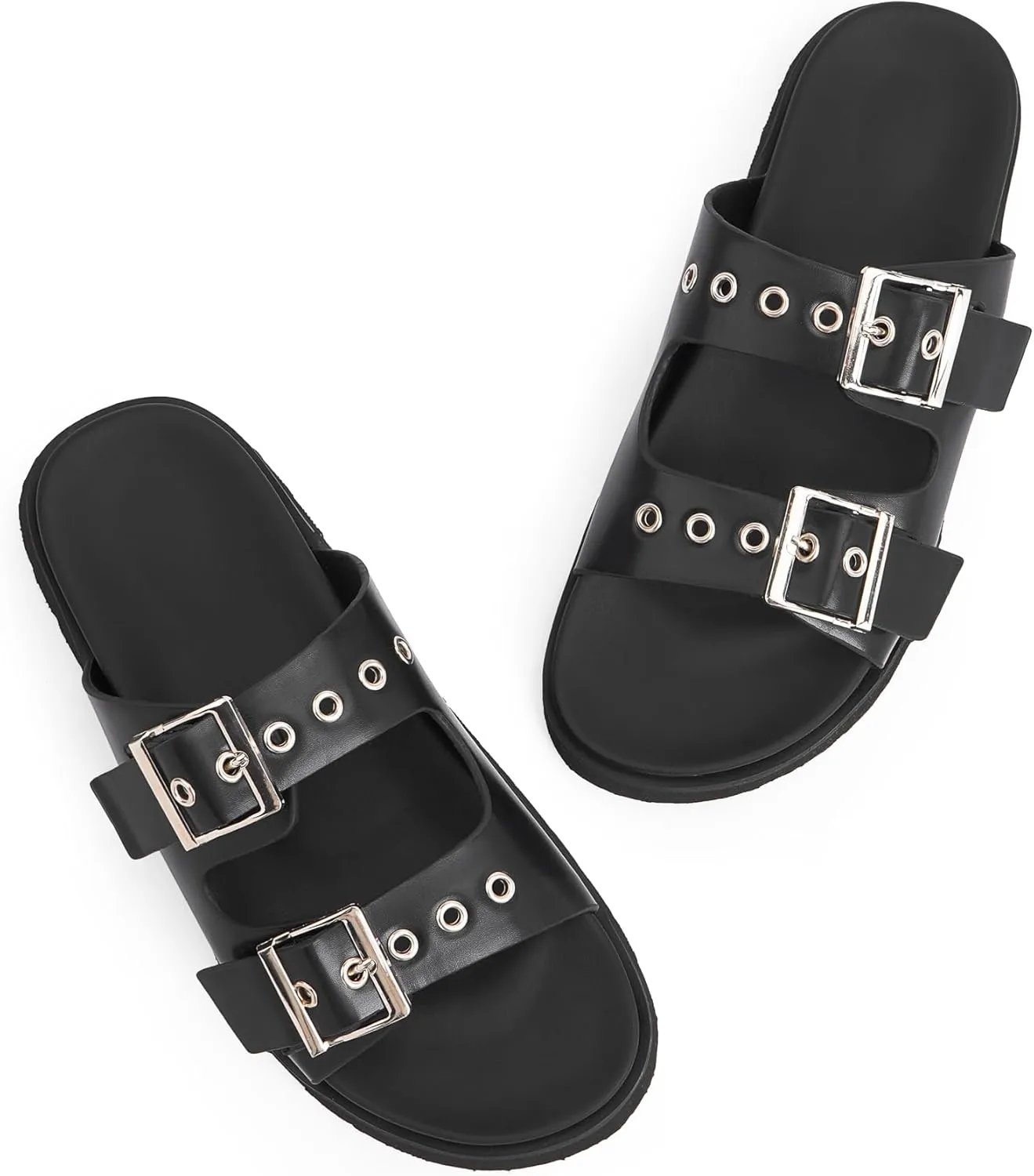 Womens Flat Slide Sandals Double Buckle Adjustable Flat Sandals Slip On Platform Sandals Open Toe Summer Sandals