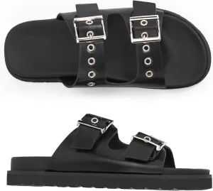 Womens Flat Slide Sandals Double Buckle Adjustable Flat Sandals Slip On Platform Sandals Open Toe Summer Sandals