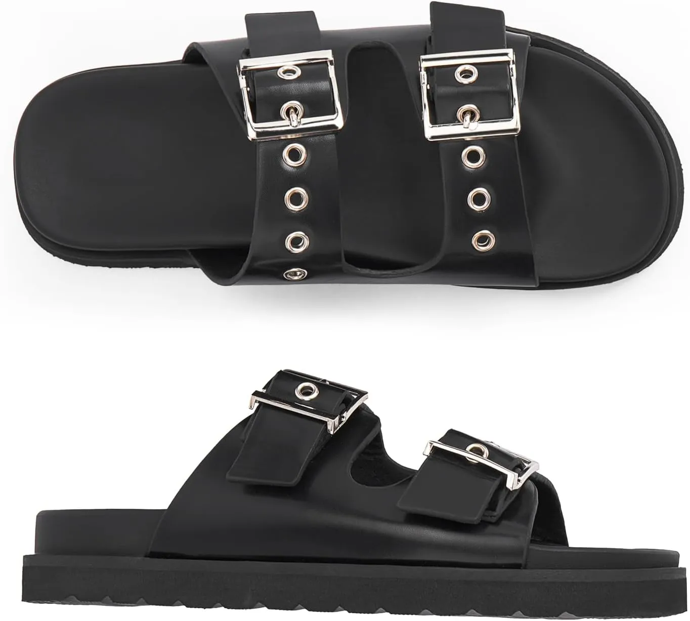 Womens Flat Slide Sandals Double Buckle Adjustable Flat Sandals Slip On Platform Sandals Open Toe Summer Sandals
