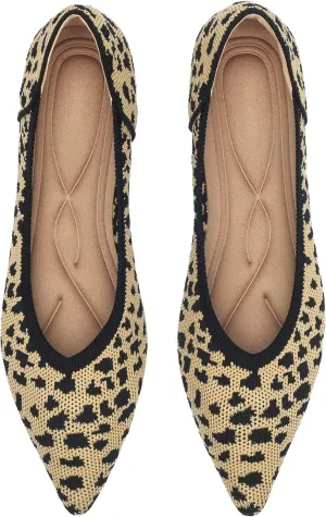 Women's Flats Shoes Pointed Toe Knit Ballet Comfortable Dressy Slip On Leopard Flat