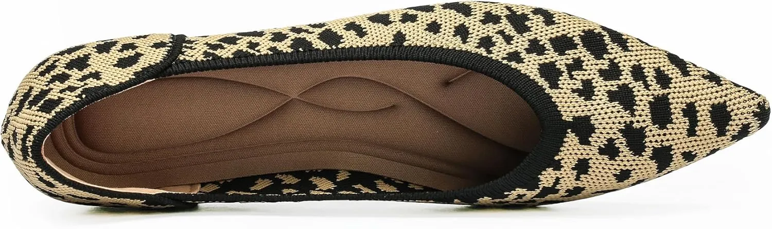 Women's Flats Shoes Pointed Toe Knit Ballet Comfortable Dressy Slip On Leopard Flat