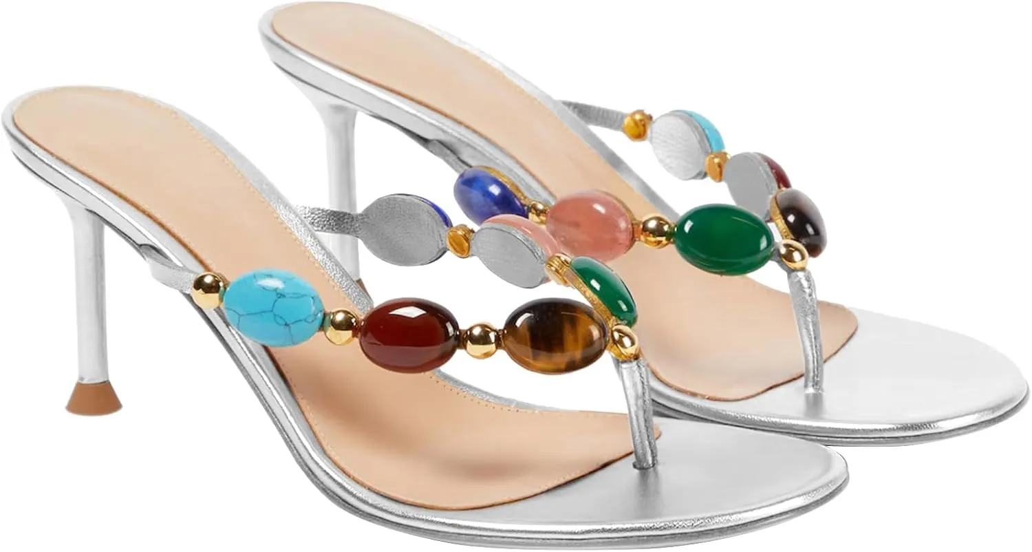 Women's Jewelled Thong Strappy Sandal Summer Mules Mid Kitten Heels Flip Flop Open Toe Fashion Wedding Party Dress Thong Shoes