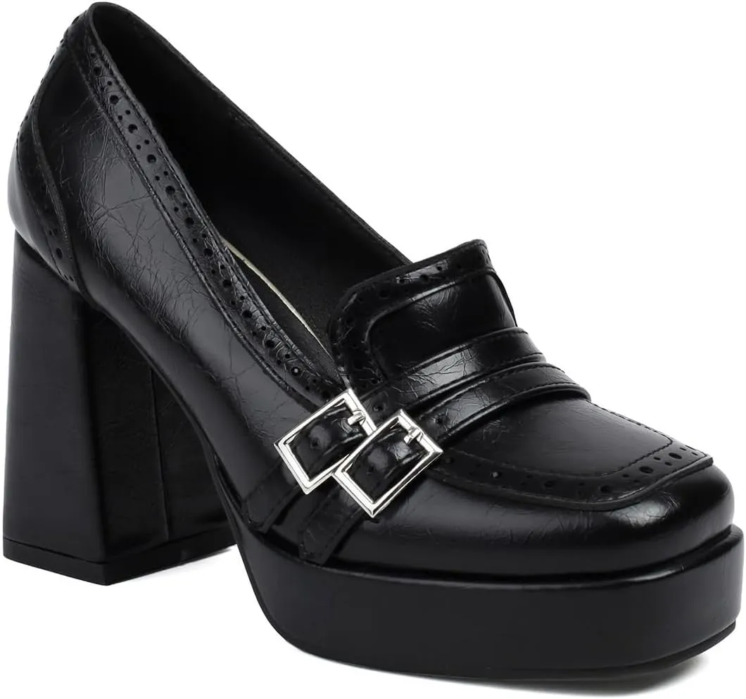 Women's Leather Buckle Chunky High Heel Loafers Pumps Fashion Closed Round Toe Slip On Platform Block Heel Pumps Comfort Office Work Dressy Shoe