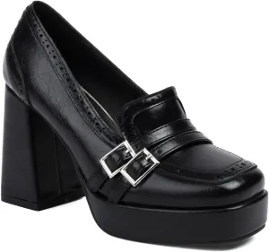 Women's Leather Buckle Chunky High Heel Loafers Pumps Fashion Closed Round Toe Slip On Platform Block Heel Pumps Comfort Office Work Dressy Shoe