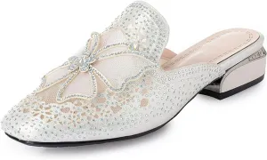 Women's Mesh Butterfly Rhinestone Low Thick Heel Muller Shoes,Fashion Backless Square Head Closed Toe Slippers Summer Non-Slip Slip-On Classic Party Shoes with Glitter