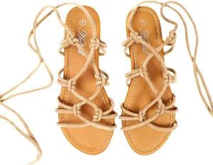 Women's Open Toe Lace Up Gladiator Flat Sandals，Slip on Roman Sandals