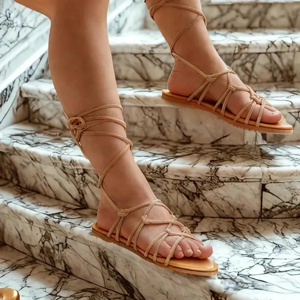 Women's Open Toe Lace Up Gladiator Flat Sandals，Slip on Roman Sandals