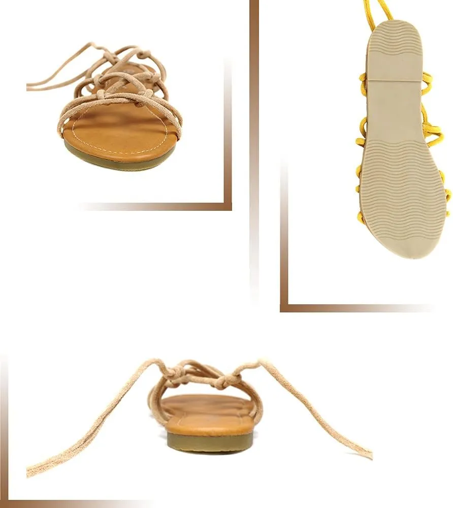 Women's Open Toe Lace Up Gladiator Flat Sandals，Slip on Roman Sandals