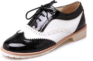 Women's Patent Leather Lace-Up Perforated Oxfords Round Toe Low Chunky Heel Block Patchwork Wingtip Brogues Pumps Casual Comfortable Derby Saddle Shoes