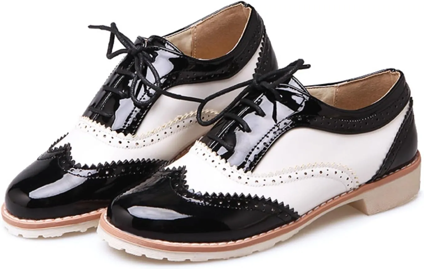 Women's Patent Leather Lace-Up Perforated Oxfords Round Toe Low Chunky Heel Block Patchwork Wingtip Brogues Pumps Casual Comfortable Derby Saddle Shoes