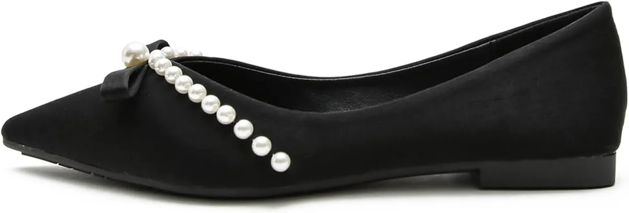 Women's Pearl Decoration Satin Flats Fashion Pointed Toe Bow Slip-on Flat Shoes Low top Comfortable Dress Shoes