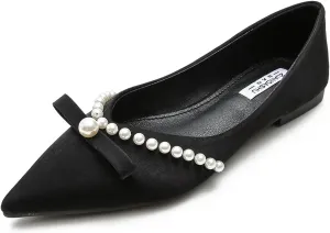 Women's Pearl Decoration Satin Flats Fashion Pointed Toe Bow Slip-on Flat Shoes Low top Comfortable Dress Shoes