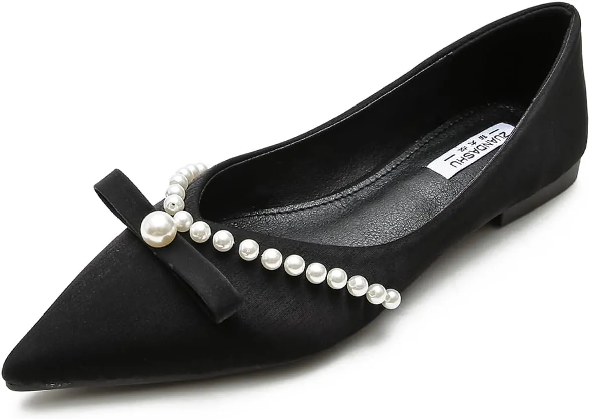 Women's Pearl Decoration Satin Flats Fashion Pointed Toe Bow Slip-on Flat Shoes Low top Comfortable Dress Shoes