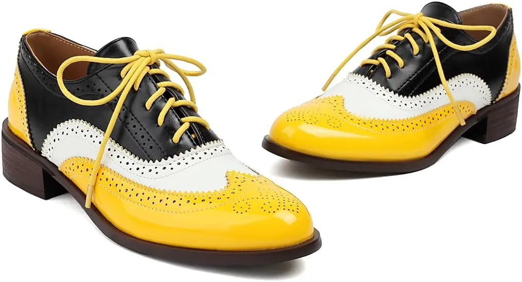 Women's Perforated Classic Lace-up Oxfords Brogue Wingtip Round Toe Derby Saddle Faux Leather Flat Shoes Evening Party Work Jeans Dress Shoes