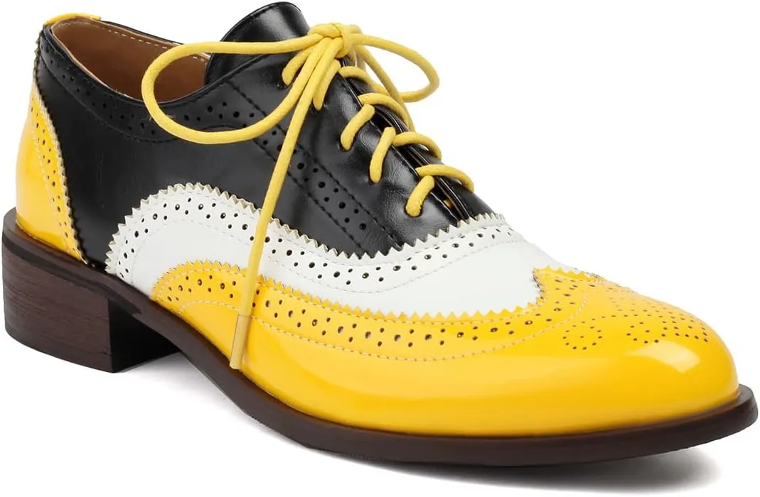 Women's Perforated Classic Lace-up Oxfords Brogue Wingtip Round Toe Derby Saddle Faux Leather Flat Shoes Evening Party Work Jeans Dress Shoes