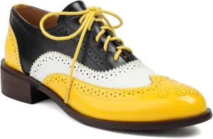 Women's Perforated Classic Lace-up Oxfords Brogue Wingtip Round Toe Derby Saddle Faux Leather Flat Shoes Evening Party Work Jeans Dress Shoes