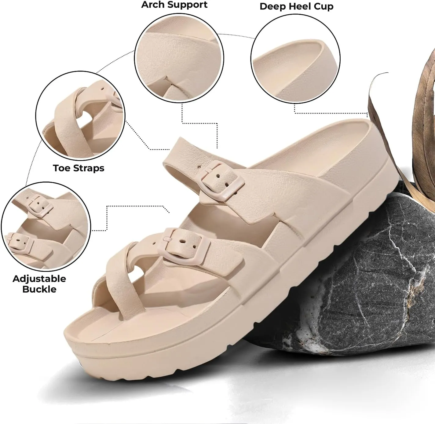 Women's Platform Sandals - Arch Support, Comfortable Foam Slides with Adjustable Buckle, Lightweight Thick Soles | Ultra Cushion