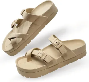 Women's Platform Sandals - Arch Support, Comfortable Foam Slides with Adjustable Buckle, Lightweight Thick Soles | Ultra Cushion
