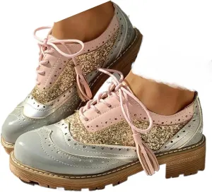 Women's Sexy Glitter Leather Perforated Lace-Up Oxfords Classic Patchwork Low Block Heel Sparkly Granules Wingtip Flat Brogues Shoes Round Toe Comfortable Derby Saddle Pumps