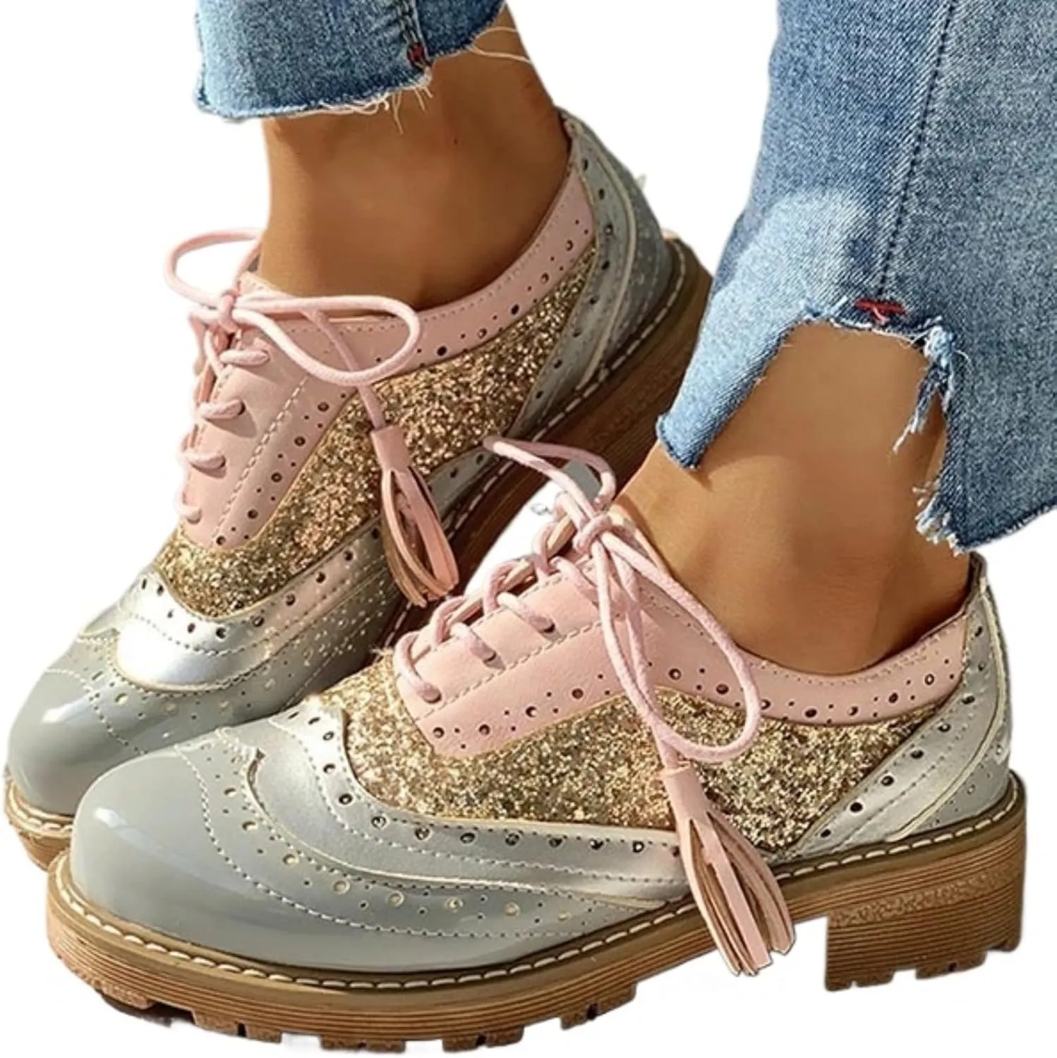 Women's Sexy Glitter Leather Perforated Lace-Up Oxfords Classic Patchwork Low Block Heel Sparkly Granules Wingtip Flat Brogues Shoes Round Toe Comfortable Derby Saddle Pumps