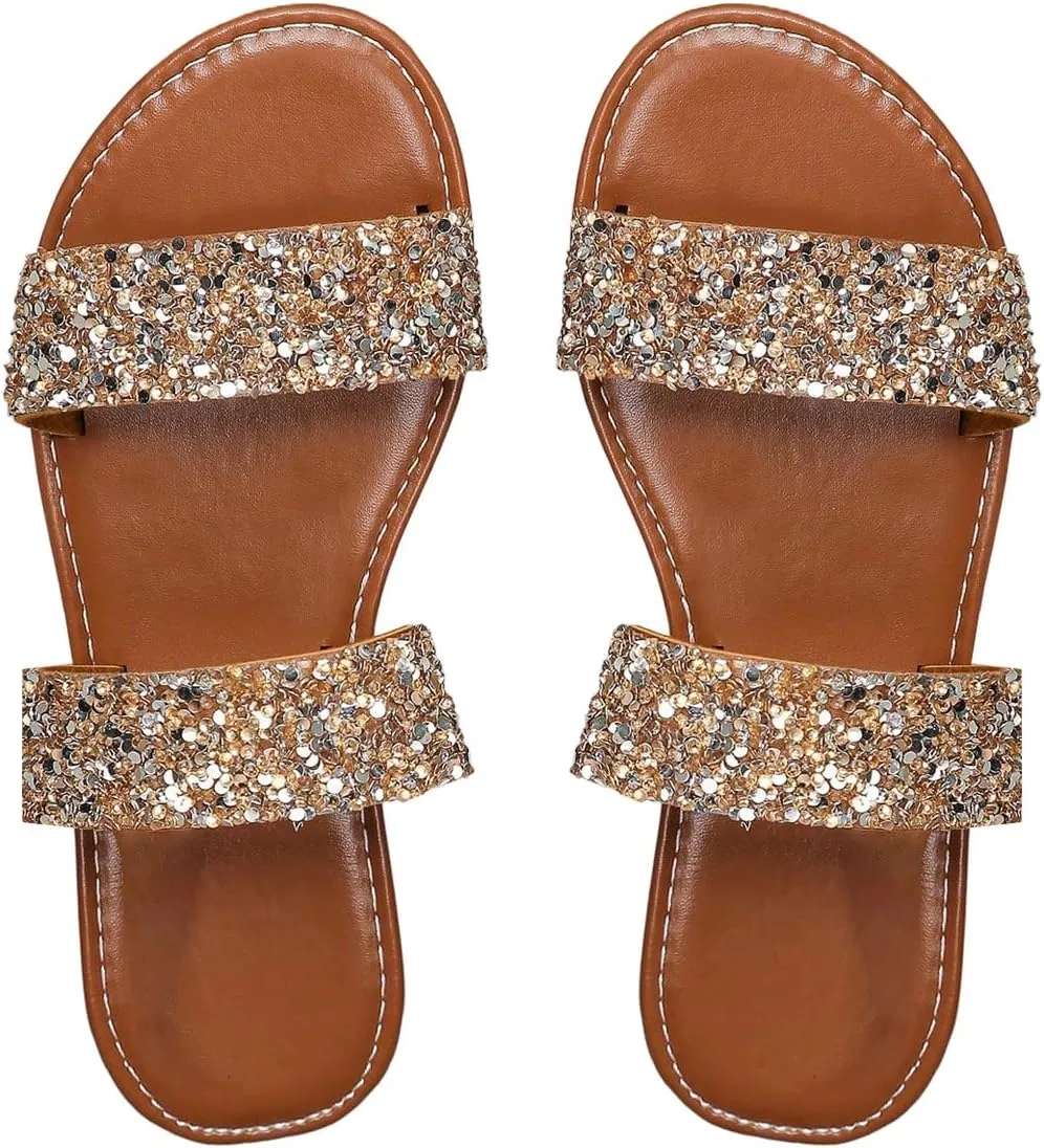 Women's Sparkly Glitter Flat Sandals Sequin Double Band Open Toe Slip on Slides Wedding Sandals