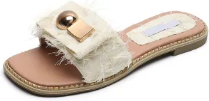 Women's Square Toe Slip-On Flat Slides Sandals with Orthopedic Cushion,Fashion Tassel Metal Decor Beach Walking slippers,Comfort Anti-Slip causal Slides for Poolside Vacation