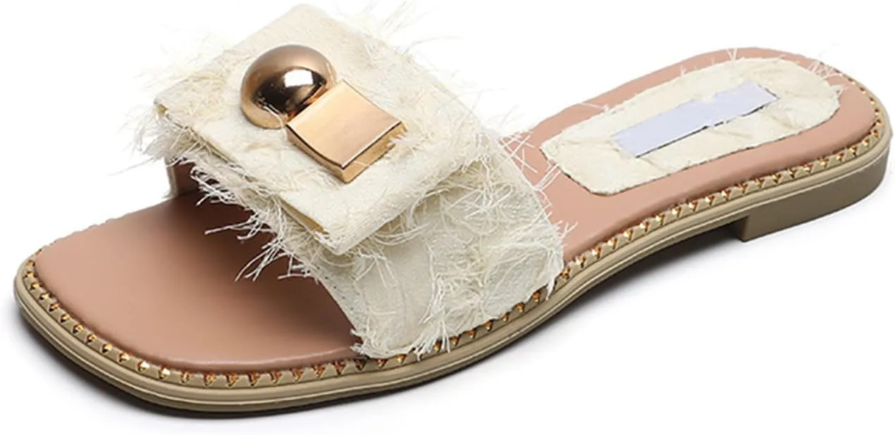 Women's Square Toe Slip-On Flat Slides Sandals with Orthopedic Cushion,Fashion Tassel Metal Decor Beach Walking slippers,Comfort Anti-Slip causal Slides for Poolside Vacation