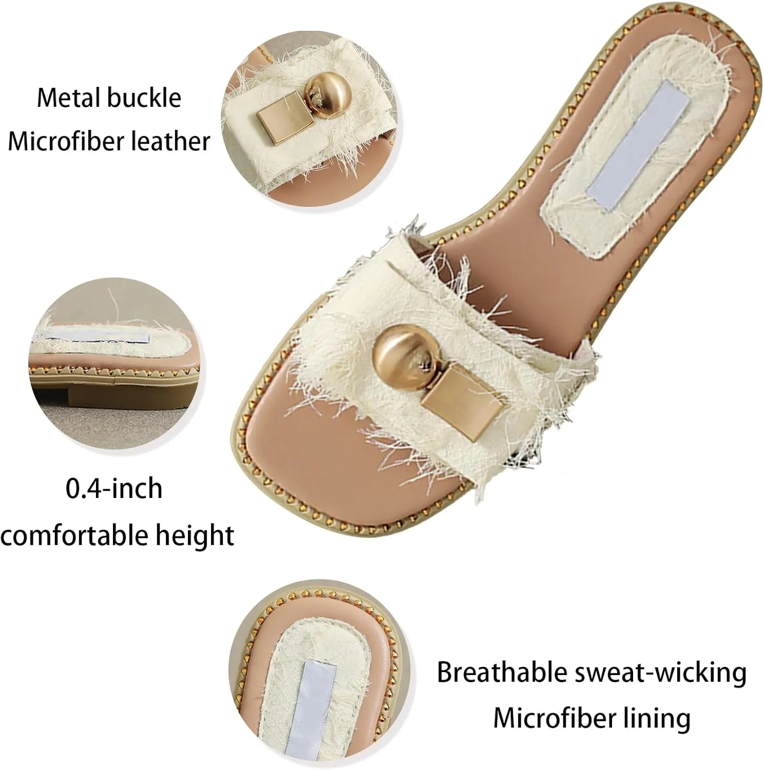 Women's Square Toe Slip-On Flat Slides Sandals with Orthopedic Cushion,Fashion Tassel Metal Decor Beach Walking slippers,Comfort Anti-Slip causal Slides for Poolside Vacation