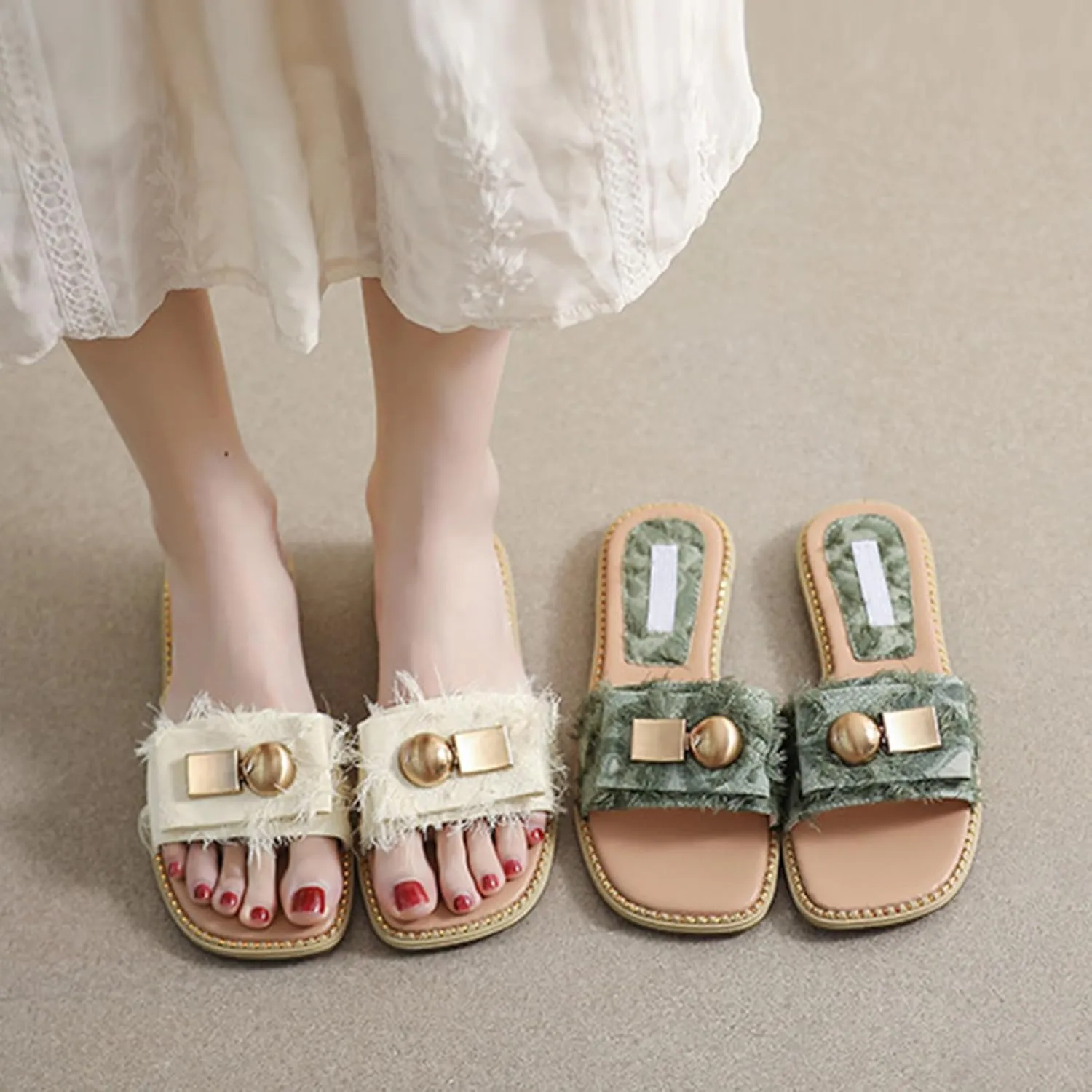 Women's Square Toe Slip-On Flat Slides Sandals with Orthopedic Cushion,Fashion Tassel Metal Decor Beach Walking slippers,Comfort Anti-Slip causal Slides for Poolside Vacation