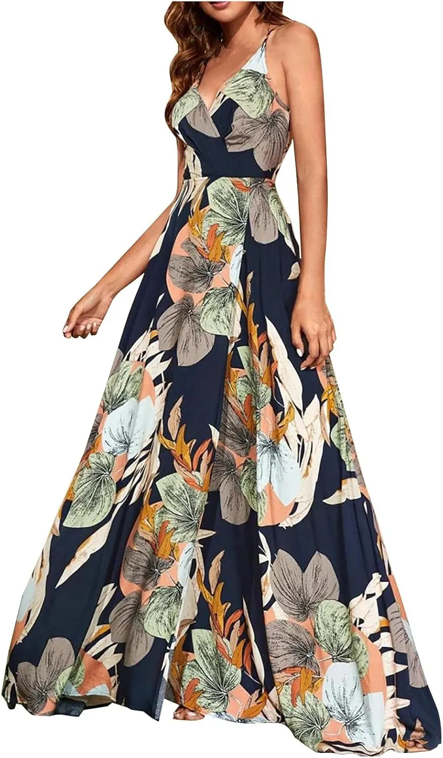 Womens Summer Boho Floral Dress Sleeveless Spaghetti Strap Maxi Dress Evening Party V Neck High Slit Beach Sundress