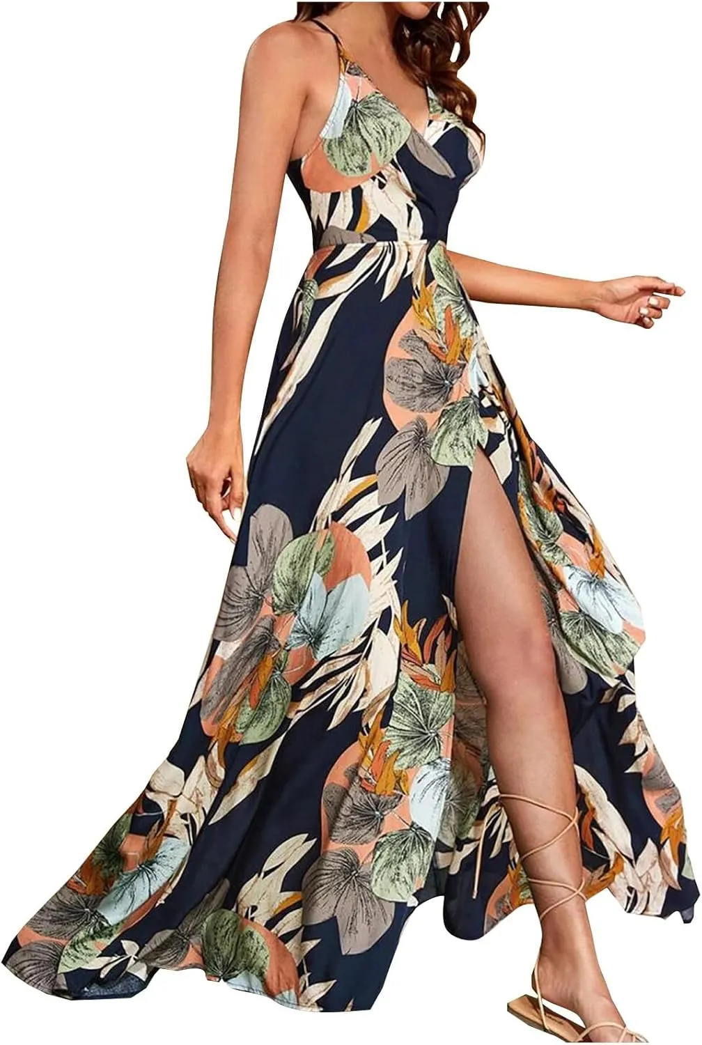 Womens Summer Boho Floral Dress Sleeveless Spaghetti Strap Maxi Dress Evening Party V Neck High Slit Beach Sundress