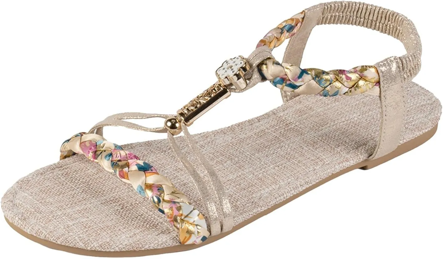 Womens Walking Sandals Summer,Women's Fashionable Comfortable Flat Soled Hollow Open Toe Classic Braided Rope Sandals with Elastic Strap,Summer Daily Wear Soild Color Work Sandal
