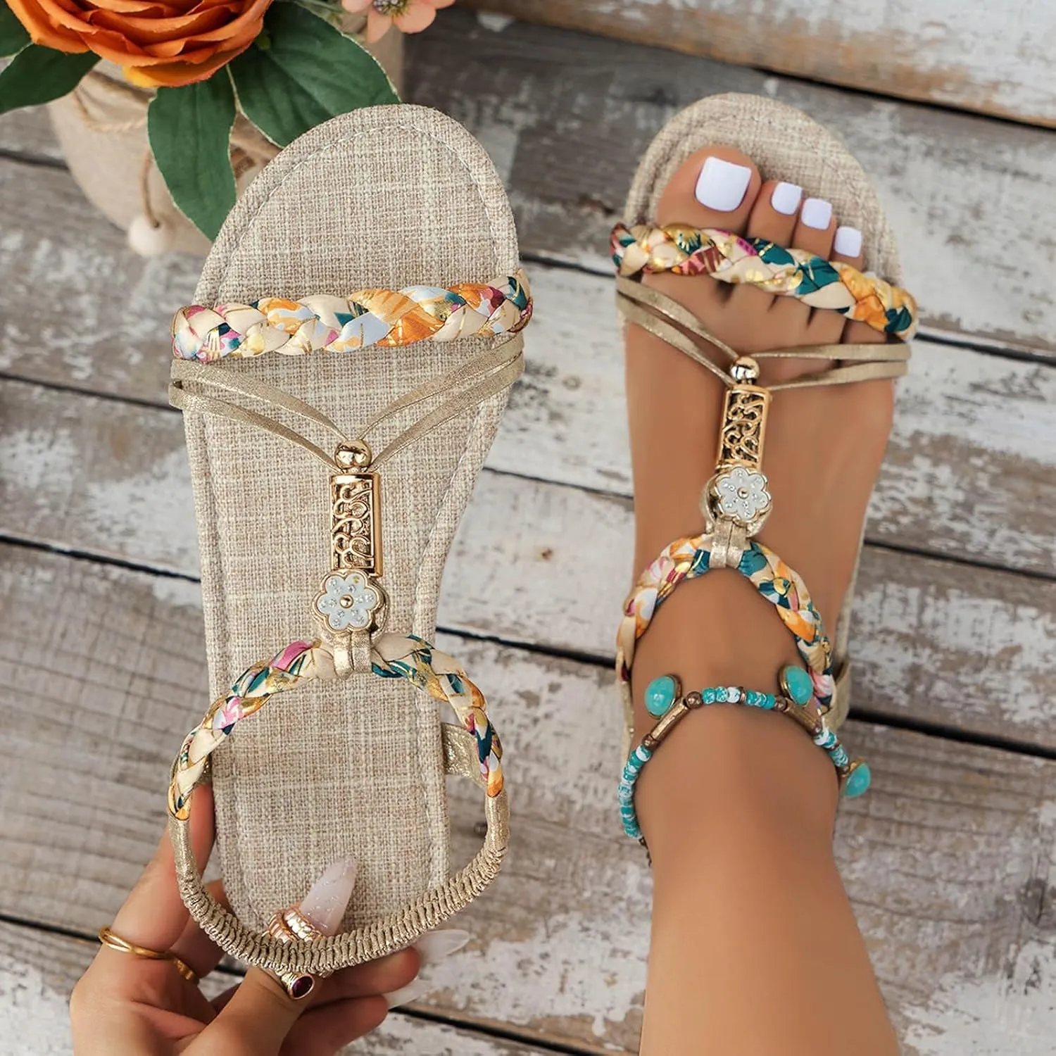 Womens Walking Sandals Summer,Women's Fashionable Comfortable Flat Soled Hollow Open Toe Classic Braided Rope Sandals with Elastic Strap,Summer Daily Wear Soild Color Work Sandal